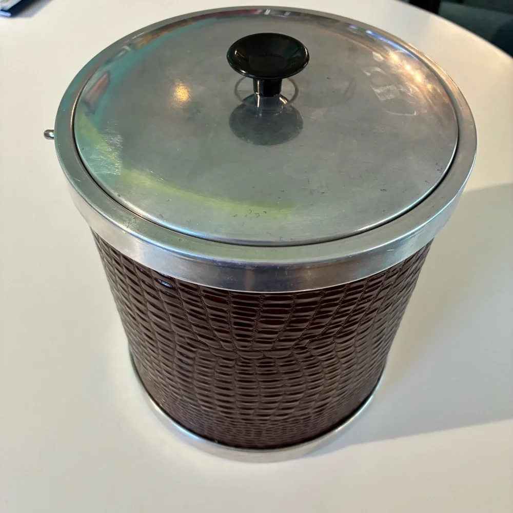 Vintage Ice Bucket Faux Alligator Brown Chrome Trim Cavalier NASCO Italy MCM